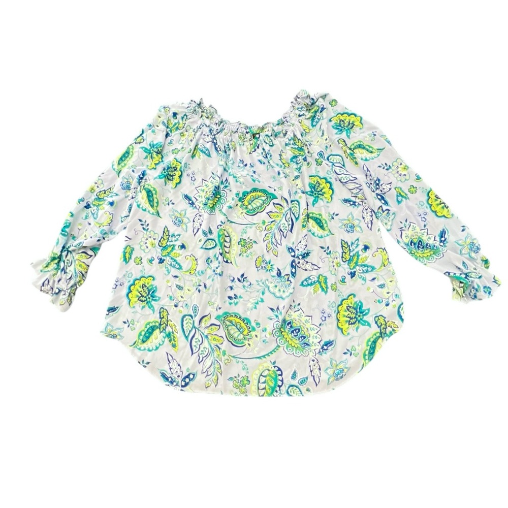 Talbots Floral Off Shoulder Long Sleeve Ruffle Blouse 2X Lightweight Blue Green